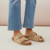 CUSHIONAIRE Cashew Slip On Womens Sandals, Genuine Suede Leather Braided Double Strap Slide On Sandals with Adjustable Big Buckle for Women(Sand)