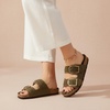 CUSHIONAIRE Cashew Slip On Womens Sandals, Genuine Suede Leather Braided Double Strap Slide On Sandals with Adjustable Big Buckle for Women(Taupe)