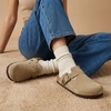 CUSHIONAIRE Hamlet Genuine Leather Suede Clogs for Women, Slip On Shoes with Detailed Metal Buckle Strap and Memory Foam Footbed(Beige)