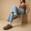 CUSHIONAIRE Hamlet Genuine Leather Suede Clogs for Women, Slip On Shoes with Detailed Metal Buckle Strap and Memory Foam Footbed(Dark Taupe)