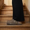 CUSHIONAIRE Hamlet Genuine Leather Suede Clogs for Women, Slip On Shoes with Detailed Metal Buckle Strap and Memory Foam Footbed(Dark Taupe)