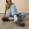 CUSHIONAIRE Hamlet Genuine Leather Suede Clogs for Women, Slip On Shoes with Detailed Metal Buckle Strap and Memory Foam Footbed(Khaki)