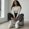 CUSHIONAIRE Hippy Women’s Platform Ankle Boots – Genuine Suede, Faux Fur Lining, Cozy Winter Slip-On Design, Comfortable Footwear with Wide Widths Available(Off-white)