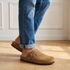 CUSHIONAIRE Hugo Genuine Leather Suede Clogs for Men – Comfortable Slip On Shoes with Adjustable Buckle, Closed Toe Mens Slides(Brown)