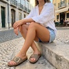 CUSHIONAIRE Leeds 100% Genuine Leather Suede Womens Sandals, Comfortable Slides for Women with Adjustable Statement Buckle(Moss)