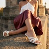 CUSHIONAIRE Malta Strappy Kitten Heels for Women, Dressy Open Toe Low Heel Sandals with Memory Foam Comfort(Ivory Smooth)