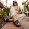 CUSHIONAIRE Thai 100% Genuine Leather Suede Platform Sandals for Women Adjustable Strap Heeled Slide Sandals(Black Smooth Vegan Leather)