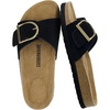 CUSHIONAIRE Leeds 100% Genuine Leather Suede Womens Sandals, Comfortable Slides for Women with Adjustable Statement Buckle(Black)
