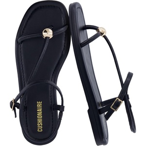 CUSHIONAIRE Alias Squared Toe Womens Sandals, T-Strap Flat Sandal with Cushioned Footbed and Adjustable Ankle Strap(Black)