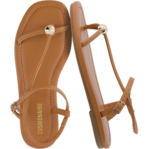CUSHIONAIRE Alias Squared Toe Womens Sandals, T-Strap Flat Sandal with Cushioned Footbed and Adjustable Ankle Strap(Cognac)