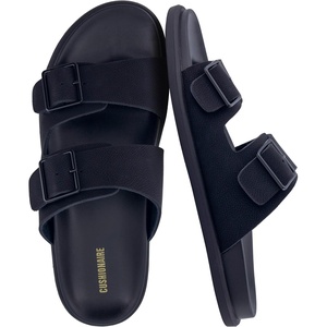 CUSHIONAIRE Alpha 100% Genuine Leather Mens Sandals, Casual Slip On Flat Men Slides with Adjustable Buckles(Black)