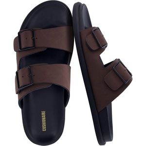 CUSHIONAIRE Alpha 100% Genuine Leather Mens Sandals, Casual Slip On Flat Men Slides with Adjustable Buckles(Brown)