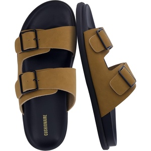 CUSHIONAIRE Alpha 100% Genuine Leather Mens Sandals, Casual Slip On Flat Men Slides with Adjustable Buckles(Camel)