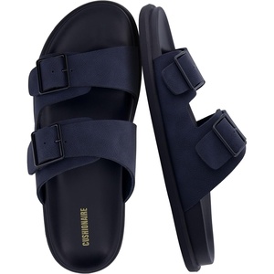 CUSHIONAIRE Alpha 100% Genuine Leather Mens Sandals, Casual Slip On Flat Men Slides with Adjustable Buckles(Navy)