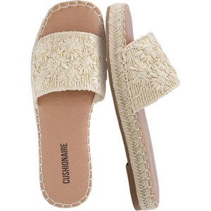 CUSHIONAIRE Bolero Sandals for Women, Woven Raffia Slide with Jute Sole, Floral Straw Detail and Memory Foam(Natural)