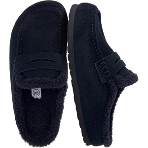 CUSHIONAIRE Casey Genuine Suede Moccasin Slippers for Women, Cozy House Shoes with Moc Toe and Penny Loafer Strap(Black)