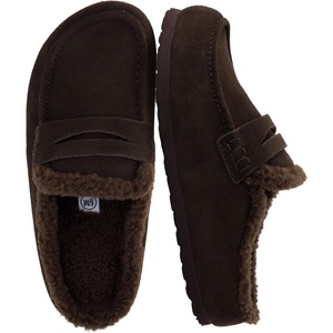 CUSHIONAIRE Casey Genuine Suede Moccasin Slippers for Women, Cozy House Shoes with Moc Toe and Penny Loafer Strap(Chocolate)