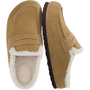 CUSHIONAIRE Casey Genuine Suede Moccasin Slippers for Women, Cozy House Shoes with Moc Toe and Penny Loafer Strap(Sand)