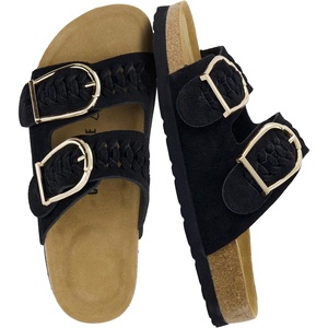 CUSHIONAIRE Cashew Slip On Womens Sandals, Genuine Suede Leather Braided Double Strap Slide On Sandals with Adjustable Big Buckle for Women(Black)