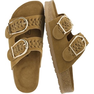 CUSHIONAIRE Cashew Slip On Womens Sandals, Genuine Suede Leather Braided Double Strap Slide On Sandals with Adjustable Big Buckle for Women(Chestnut)