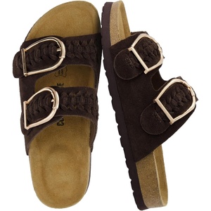 CUSHIONAIRE Cashew Slip On Womens Sandals, Genuine Suede Leather Braided Double Strap Slide On Sandals with Adjustable Big Buckle for Women(Chocolate)