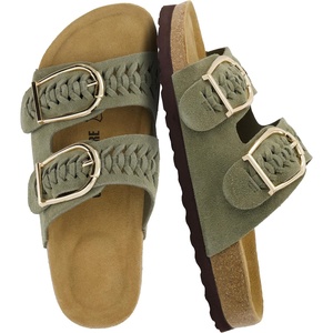 CUSHIONAIRE Cashew Slip On Womens Sandals, Genuine Suede Leather Braided Double Strap Slide On Sandals with Adjustable Big Buckle for Women(Olive)