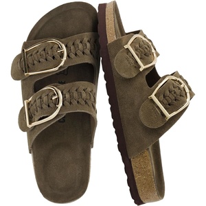 CUSHIONAIRE Cashew Slip On Womens Sandals, Genuine Suede Leather Braided Double Strap Slide On Sandals with Adjustable Big Buckle for Women(Taupe)