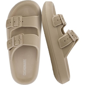 CUSHIONAIRE Fame Pillow Recovery Sandals for Women, Adjustable Double Buckle Waterproof EVA Cloud Slides for Women(Putty)