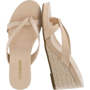CUSHIONAIRE Ferry Espadrille Wedge Sandals for Women, Thong Platform Flip Flops with Cross Strap and Slip-On Design(Sand)