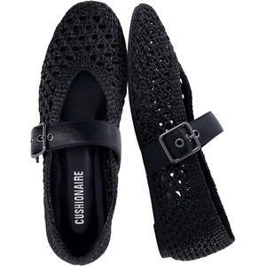 CUSHIONAIRE Gabby Woven Mary Jane Ballet Flats for Women, Comfortable Dressy Flat Shoes with Adjustable Gold-Tone Buckle and Memory Foam Cushioning(Black)