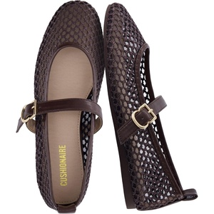 CUSHIONAIRE Gracie Mesh Mary Jane Flats for Women, Breathable Ballet Flats with Adjustable Buckle Strap and Memory Foam Cushioning(Coffee)