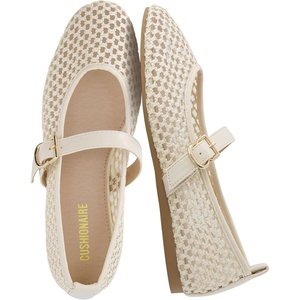 CUSHIONAIRE Gracie Mesh Mary Jane Flats for Women, Breathable Ballet Flats with Adjustable Buckle Strap and Memory Foam Cushioning(Cream)