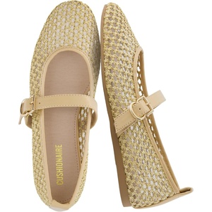 CUSHIONAIRE Gracie Mesh Mary Jane Flats for Women, Breathable Ballet Flats with Adjustable Buckle Strap and Memory Foam Cushioning(Natural)