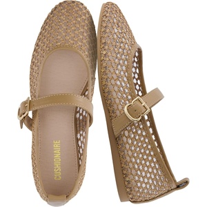 CUSHIONAIRE Gracie Mesh Mary Jane Flats for Women, Breathable Ballet Flats with Adjustable Buckle Strap and Memory Foam Cushioning(Taupe)