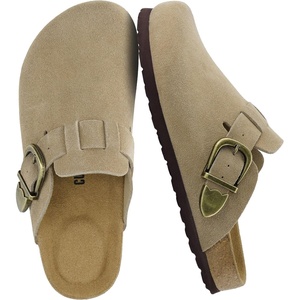 CUSHIONAIRE Hamlet Genuine Leather Suede Clogs for Women, Slip On Shoes with Detailed Metal Buckle Strap and Memory Foam Footbed(Beige)