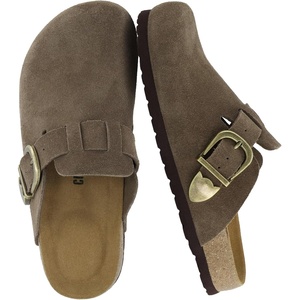 CUSHIONAIRE Hamlet Genuine Leather Suede Clogs for Women, Slip On Shoes with Detailed Metal Buckle Strap and Memory Foam Footbed(Dark Taupe)