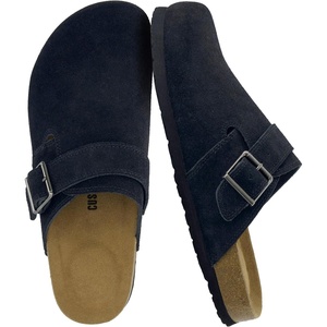 CUSHIONAIRE Hugo Genuine Leather Suede Clogs for Men – Comfortable Slip On Shoes with Adjustable Buckle, Closed Toe Mens Slides(Black)