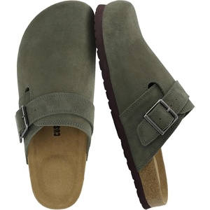 CUSHIONAIRE Hugo Genuine Leather Suede Clogs for Men – Comfortable Slip On Shoes with Adjustable Buckle, Closed Toe Mens Slides(Olive)