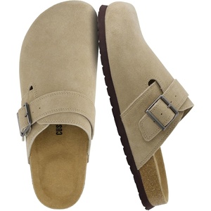 CUSHIONAIRE Hugo Genuine Leather Suede Clogs for Men – Comfortable Slip On Shoes with Adjustable Buckle, Closed Toe Mens Slides(Taupe)