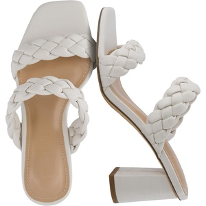CUSHIONAIRE Irine Chunky Heels for Women, Braided Block Heel Sandals with Square Toe and Memory Foam(Cream)