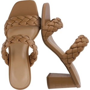 CUSHIONAIRE Irine Chunky Heels for Women, Braided Block Heel Sandals with Square Toe and Memory Foam(Tan)