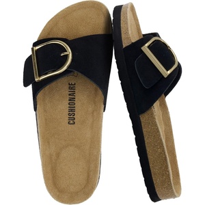 CUSHIONAIRE Leeds 100% Genuine Leather Suede Womens Sandals, Comfortable Slides for Women with Adjustable Statement Buckle(Black)