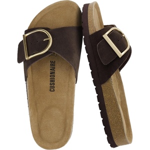 CUSHIONAIRE Leeds 100% Genuine Leather Suede Womens Sandals, Comfortable Slides for Women with Adjustable Statement Buckle(Chocolate)