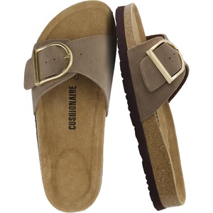 CUSHIONAIRE Leeds 100% Genuine Leather Suede Womens Sandals, Comfortable Slides for Women with Adjustable Statement Buckle(Moss)
