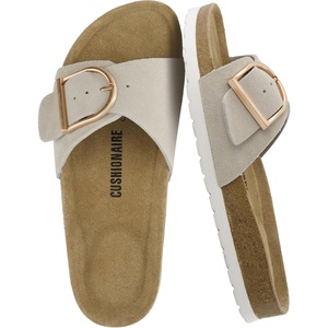 CUSHIONAIRE Leeds 100% Genuine Leather Suede Womens Sandals, Comfortable Slides for Women with Adjustable Statement Buckle(Stone)