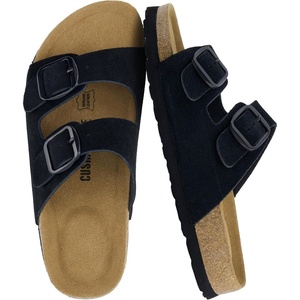 CUSHIONAIRE Logo 100% Genuine Leather Suede Slides for Women, Cushioned Cork Footbed Womens Sandals with Adjustable Buckles and Memory Foam(Black)