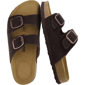 CUSHIONAIRE Logo 100% Genuine Leather Suede Slides for Women, Cushioned Cork Footbed Womens Sandals with Adjustable Buckles and Memory Foam(Chocolate)