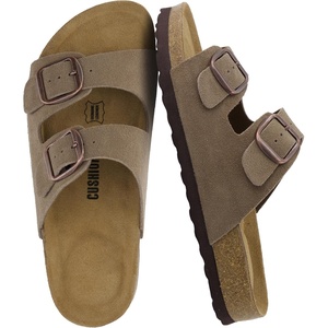 CUSHIONAIRE Logo 100% Genuine Leather Suede Slides for Women, Cushioned Cork Footbed Womens Sandals with Adjustable Buckles and Memory Foam(Moss)