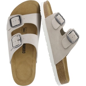 CUSHIONAIRE Logo 100% Genuine Leather Suede Slides for Women, Cushioned Cork Footbed Womens Sandals with Adjustable Buckles and Memory Foam(Stone)