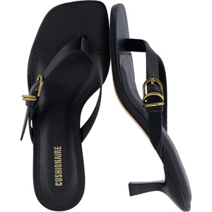 CUSHIONAIRE Marlin Low Kitten Heels for Women, Thong Style Dressy Heeled Womens Sandals with Adjustable Buckle Closure(Black)